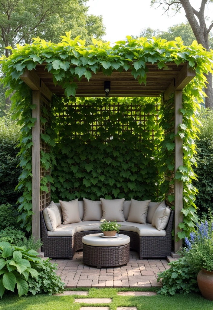 25+ Backyard Grape Trellis Ideas for Lush Vines - 20. Trellis with Seating