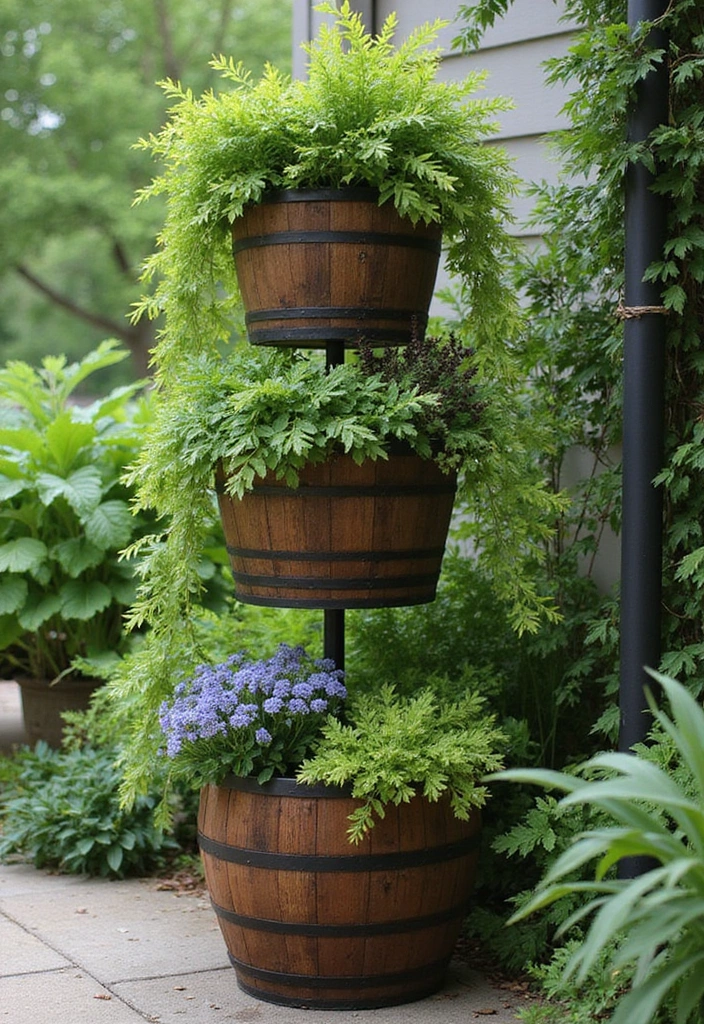 25+ Barrel Planter Ideas for Rustic Garden Charm - 1. Vertical Barrel Planters for Space Saving
