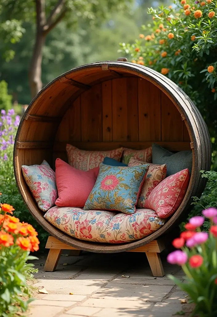 25+ Barrel Planter Ideas for Rustic Garden Charm - 13. Barrels as Seating and Planters Combined
