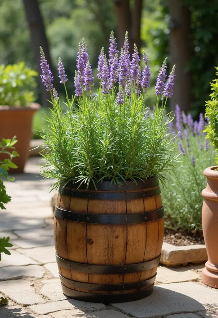 25+ Barrel Planter Ideas for Rustic Garden Charm - 15. Embrace a Mediterranean Style with Barrel Planters