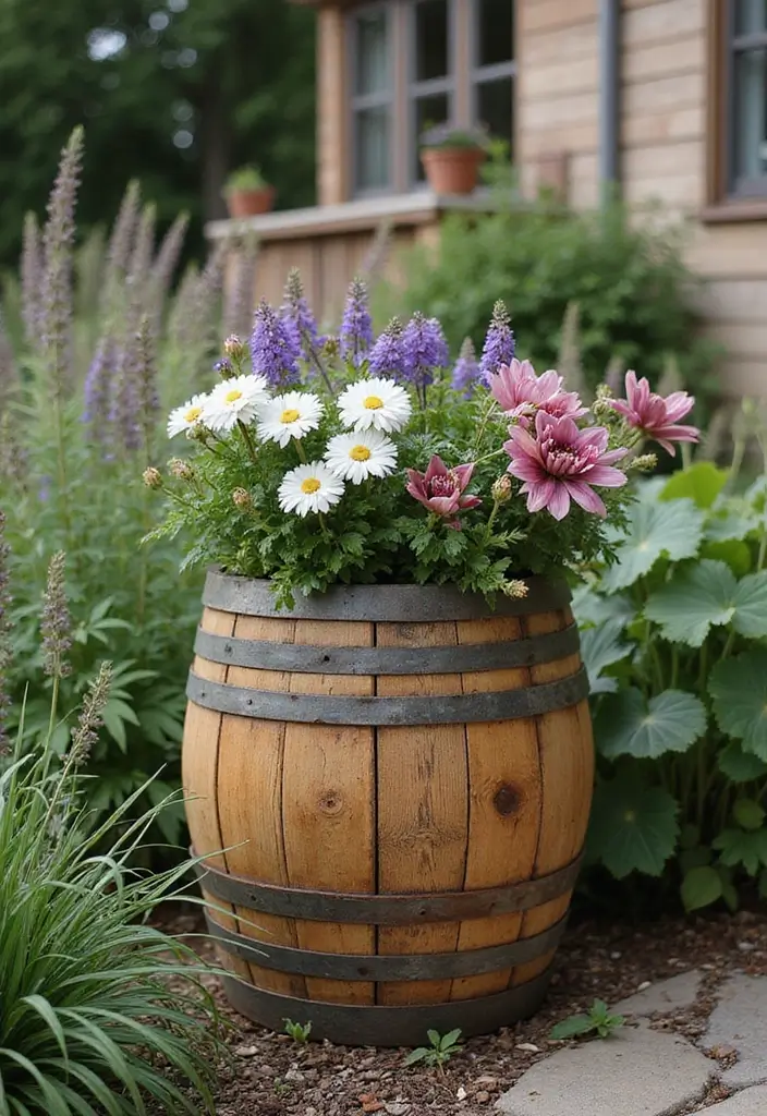25+ Barrel Planter Ideas for Rustic Garden Charm - 17. DIY Barrel Planters with Vintage Charm