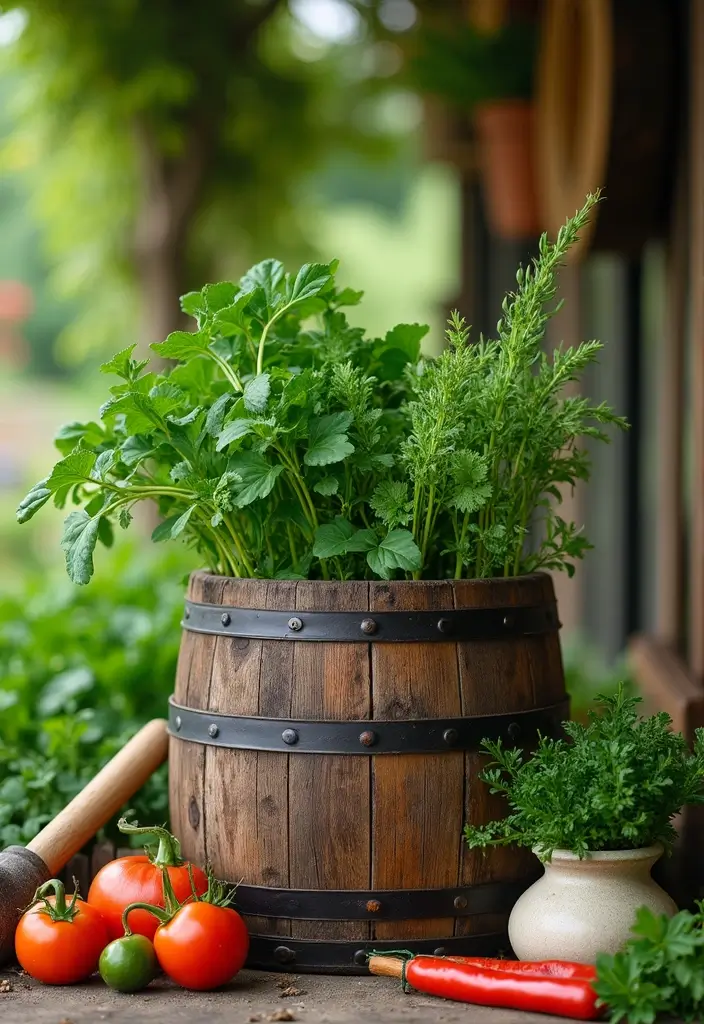 25+ Barrel Planter Ideas for Rustic Garden Charm - 2. Herb Barrel Planters for Culinary Adventures