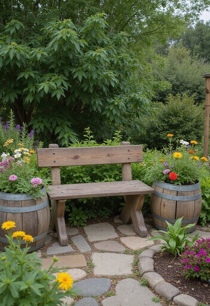 25+ Barrel Planter Ideas for Rustic Garden Charm - 21. Rustic Garden Benches with Barrel Accents