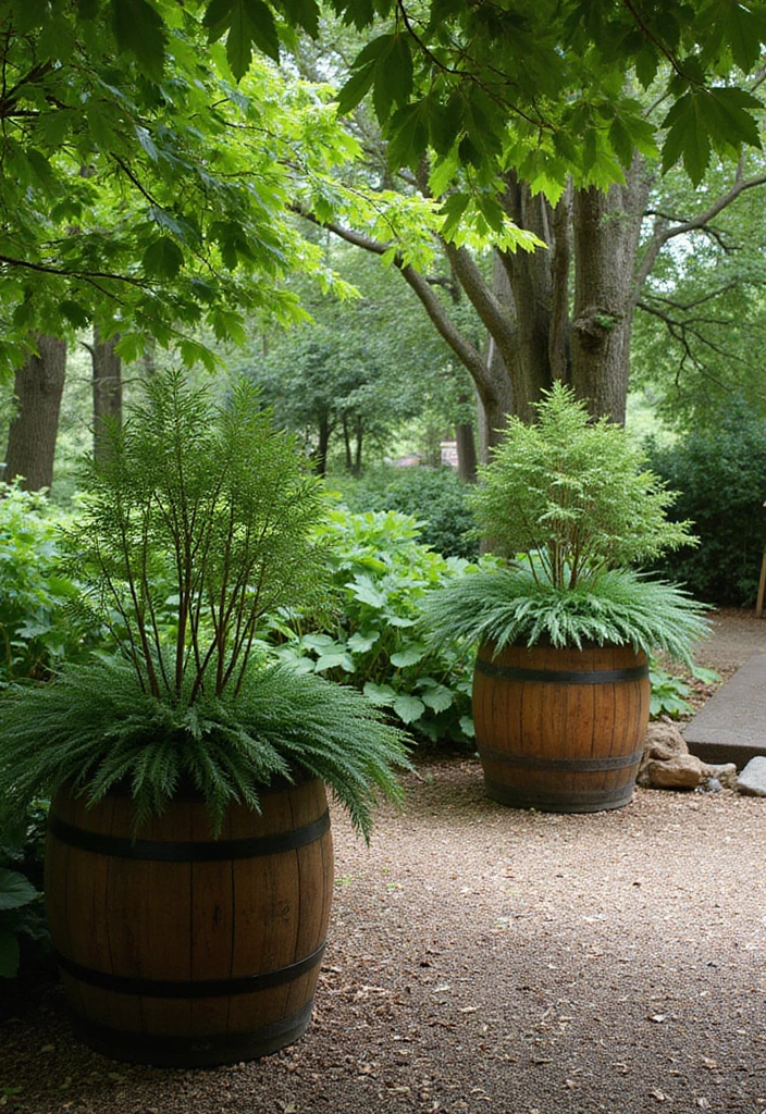 25+ Barrel Planter Ideas for Rustic Garden Charm - 23. Barrel Planters for Shade Gardens