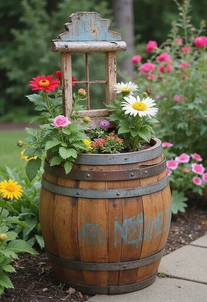 25+ Barrel Planter Ideas for Rustic Garden Charm - 24. Barrel Planters with Upcycled Combinations