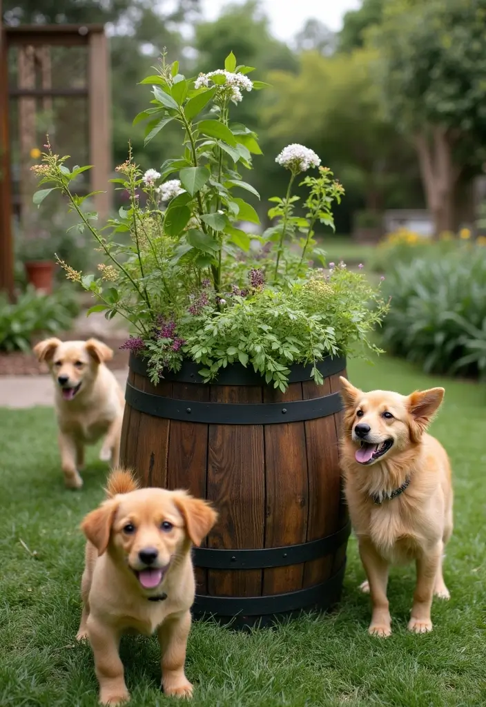 25+ Barrel Planter Ideas for Rustic Garden Charm - 25. Pet-Friendly Barrel Planters