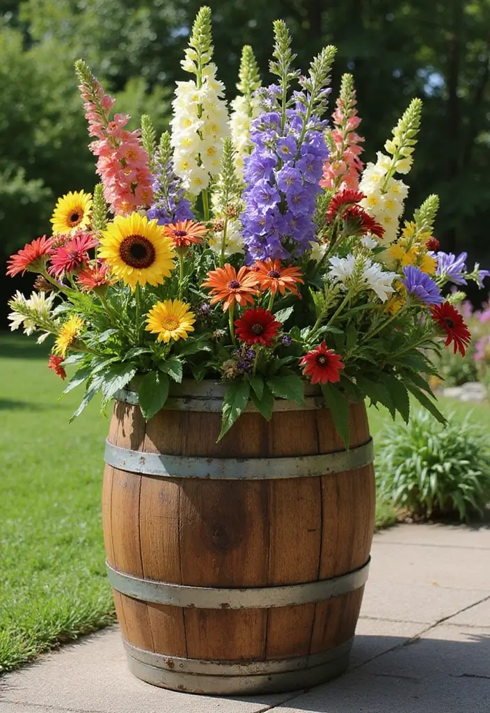 25+ Barrel Planter Ideas for Rustic Garden Charm - 3. Flowering Barrel Planters for a Burst of Color