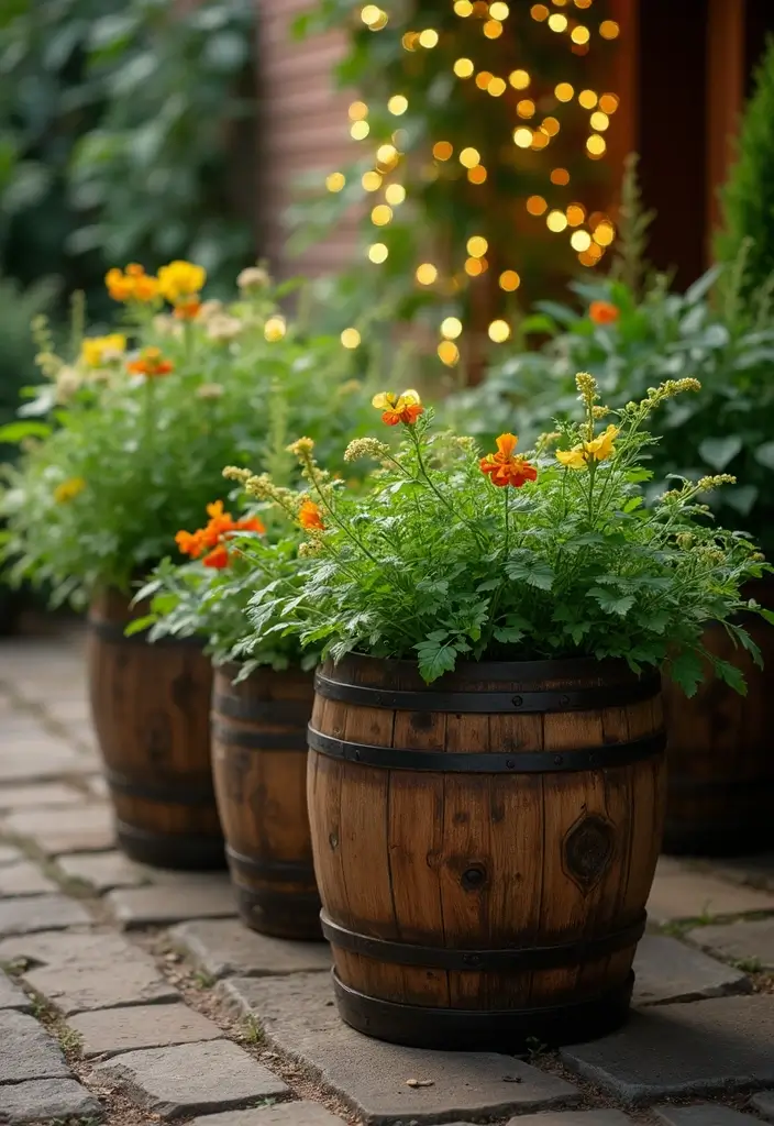 25+ Barrel Planter Ideas for Rustic Garden Charm - 4. Rustic Wooden Barrel Planters for Authentic Charm