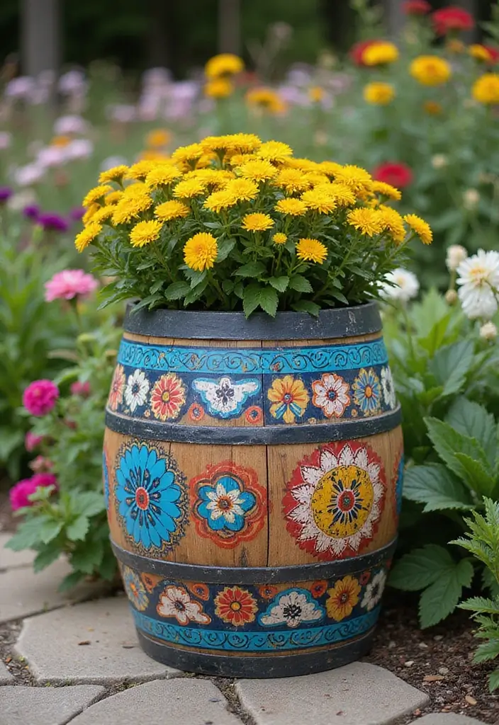 25+ Barrel Planter Ideas for Rustic Garden Charm - 5. Decorative Painted Barrel Planters