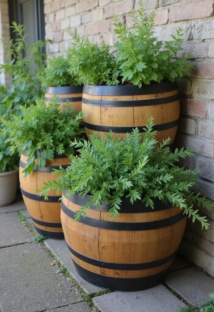 25+ Barrel Planter Ideas for Rustic Garden Charm - 6. Vertical Herb Garden Using Half Barrels