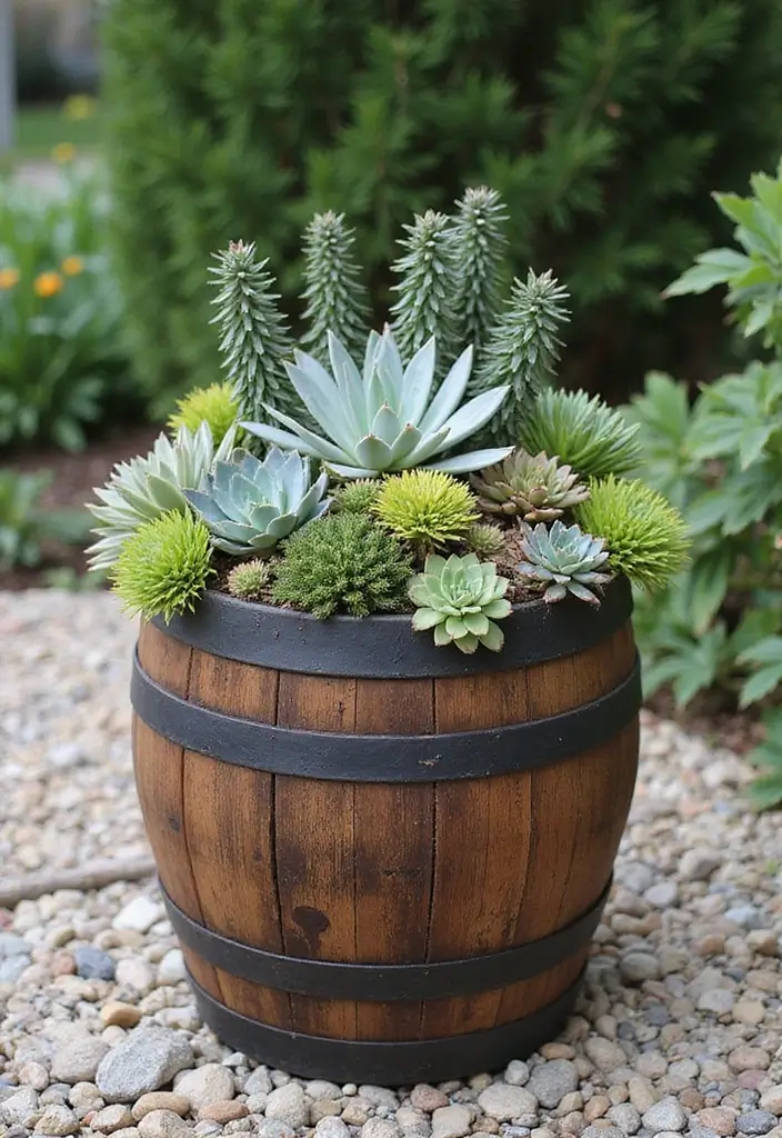 25+ Barrel Planter Ideas for Rustic Garden Charm - 7. Barrel Planters with a Splash of Succulents