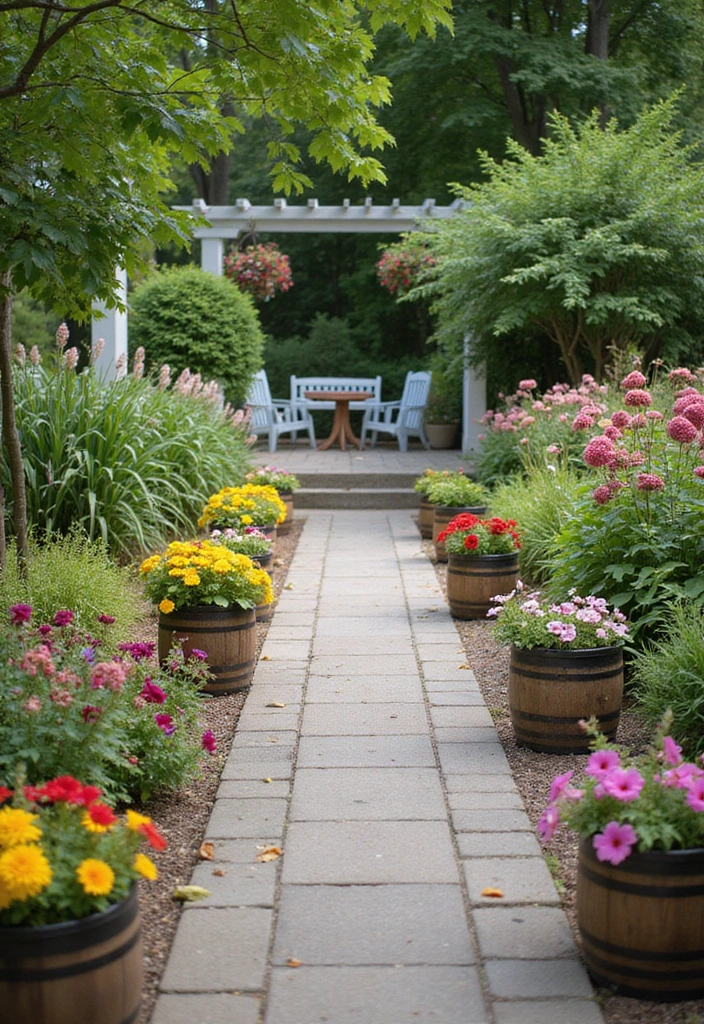 25+ Barrel Planter Ideas for Rustic Garden Charm - 9. Barrel Planters as Garden Path Markers