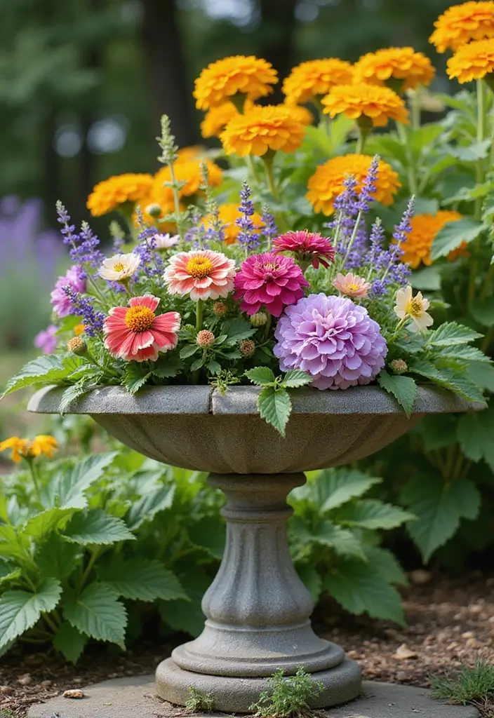 25+ Birdbath Planter Ideas That Are Whimsical and Fun - 1. Classic Floral Mix
