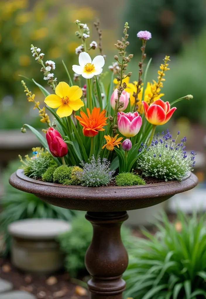 25+ Birdbath Planter Ideas That Are Whimsical and Fun - 10. All-Season Planter