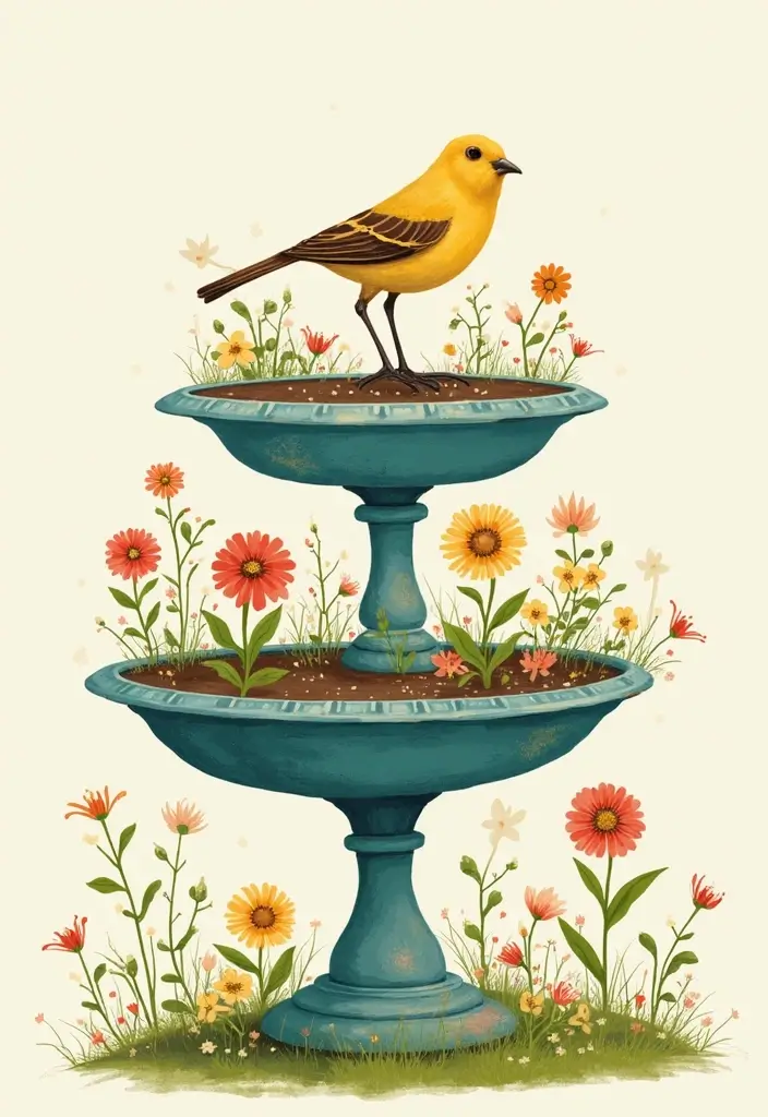 25+ Birdbath Planter Ideas That Are Whimsical and Fun - 11. Vintage Plate Garden