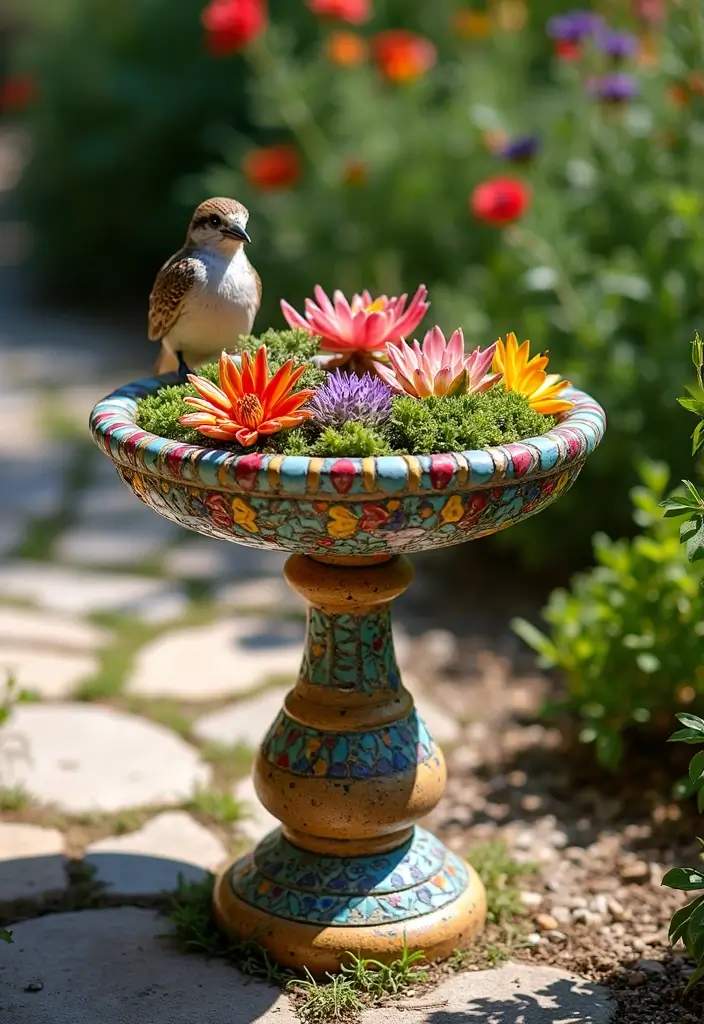 25+ Birdbath Planter Ideas That Are Whimsical and Fun - 13. Mosaic Masterpiece