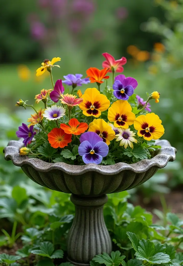 25+ Birdbath Planter Ideas That Are Whimsical and Fun - 14. Edible Flowers Delight