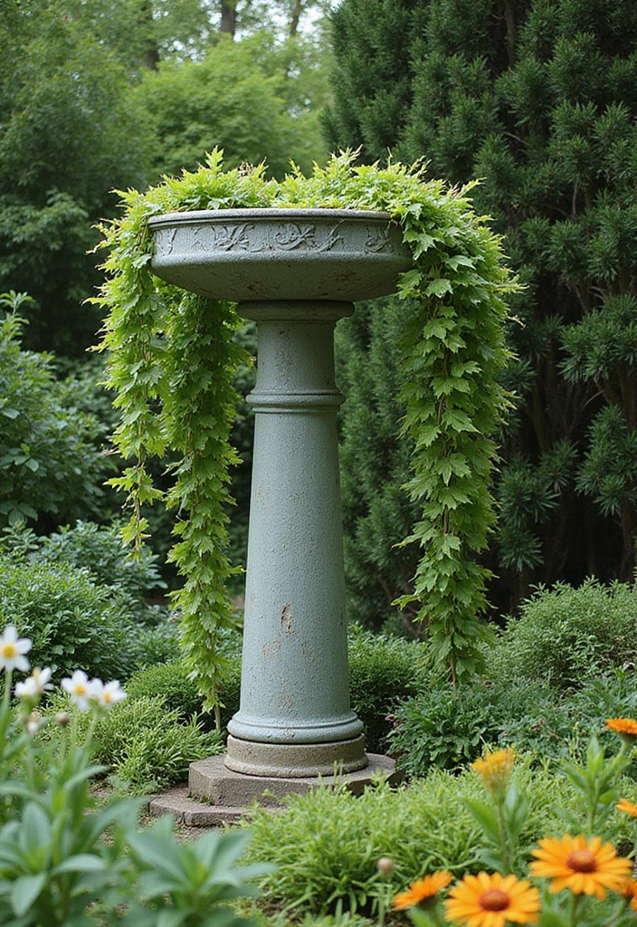 25+ Birdbath Planter Ideas That Are Whimsical and Fun - 16. Vertical Garden Approach