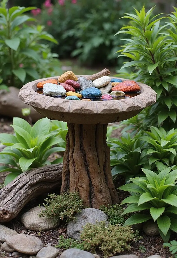 25+ Birdbath Planter Ideas That Are Whimsical and Fun - 18. Colorful Driftwood Display