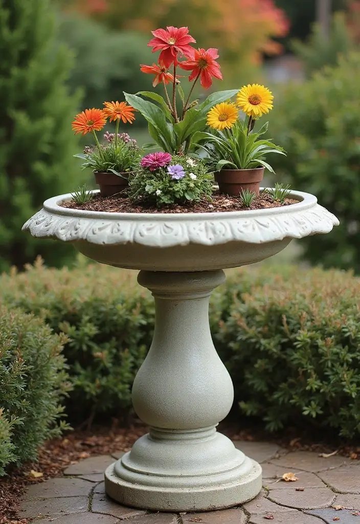 25+ Birdbath Planter Ideas That Are Whimsical and Fun - 19. Seasonal Display Change