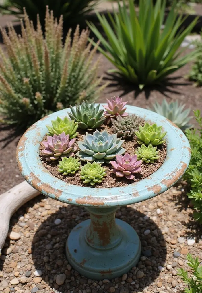 25+ Birdbath Planter Ideas That Are Whimsical and Fun - 2. Succulent Wonderland