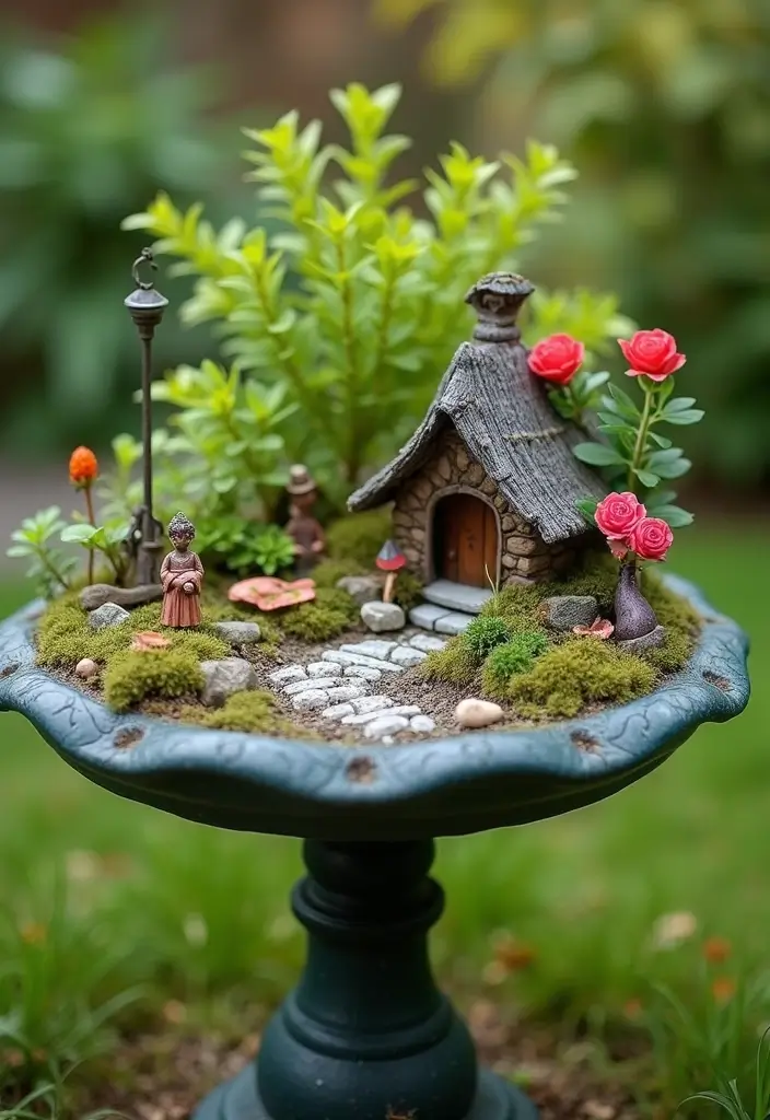 25+ Birdbath Planter Ideas That Are Whimsical and Fun - 23. Miniature Garden Scene