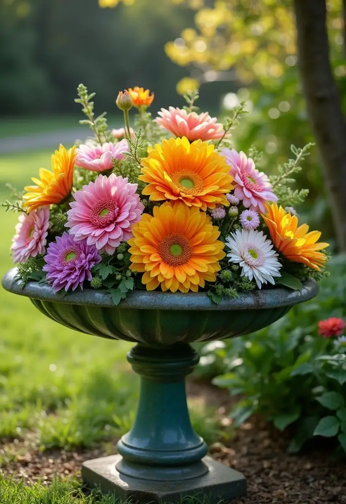 25+ Birdbath Planter Ideas That Are Whimsical and Fun - 24. Color Palette Experimentation