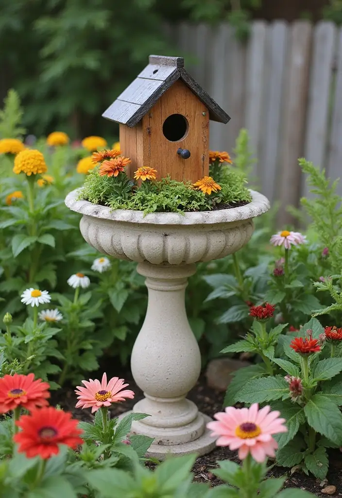 25+ Birdbath Planter Ideas That Are Whimsical and Fun - 25. DIY Birdhouse Planter