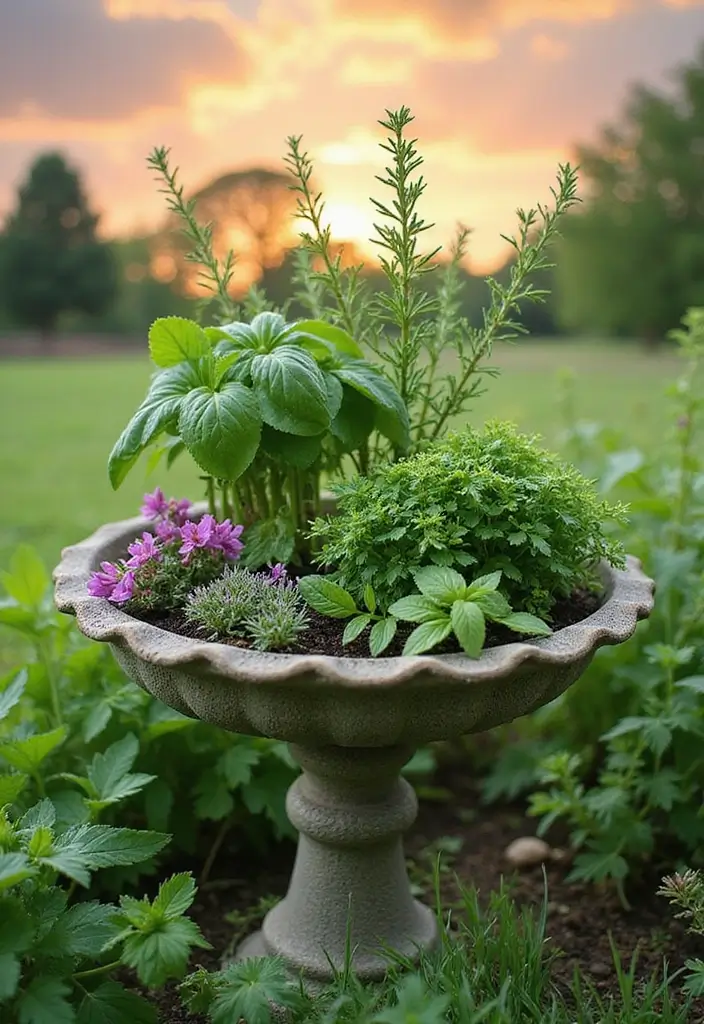 25+ Birdbath Planter Ideas That Are Whimsical and Fun - 3. Herb Haven