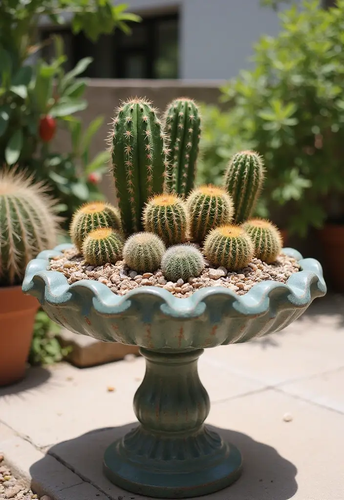 25+ Birdbath Planter Ideas That Are Whimsical and Fun - 6. Colorful Cacti Display