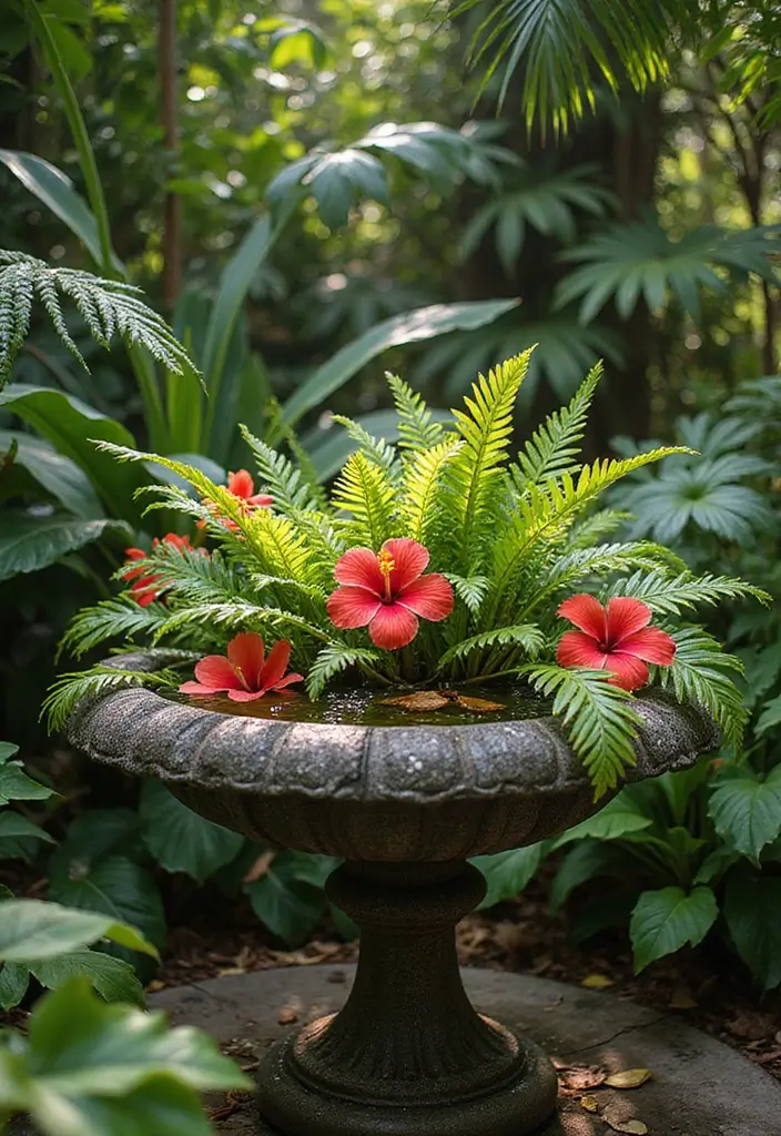25+ Birdbath Planter Ideas That Are Whimsical and Fun - 7. Tropical Paradise