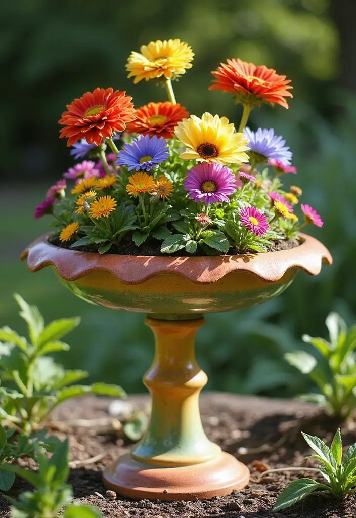 25+ Birdbath Planter Ideas That Are Whimsical and Fun - 8. Whimsical Color Palette