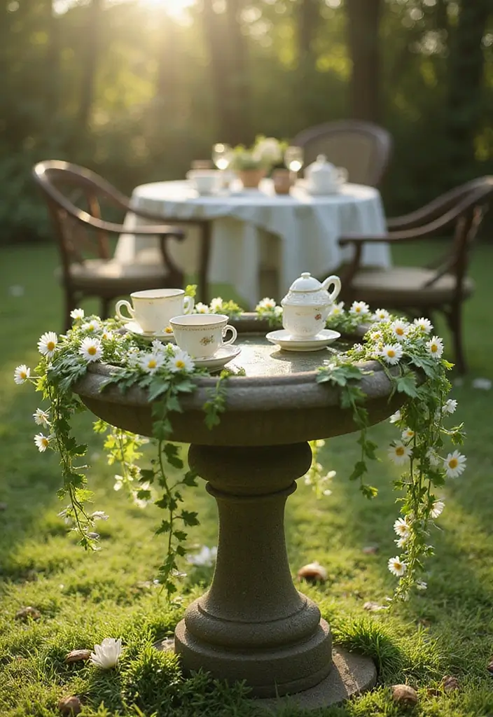 25+ Birdbath Planter Ideas That Are Whimsical and Fun - 9. Outdoor Tea Party