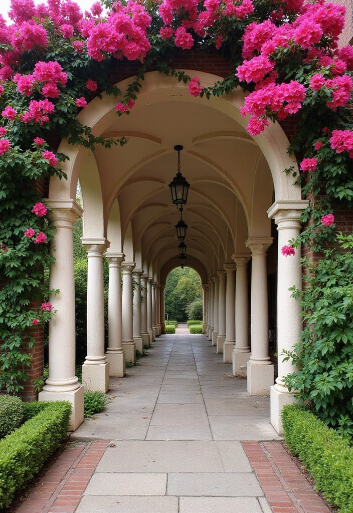 25+ Bougainvillea Trellis Ideas for a Tropical Garden Glow - 21. Arched Columns with Bougainvillea