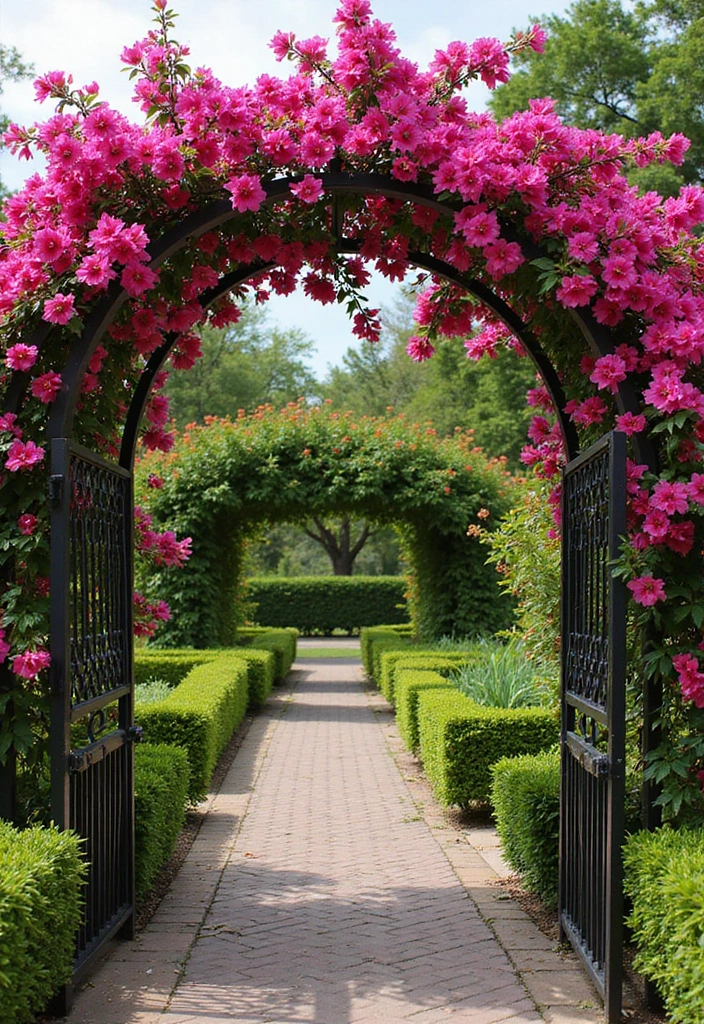 25+ Bougainvillea Trellis Ideas for a Tropical Garden Glow - 24. Decorative Garden Gate Trellis