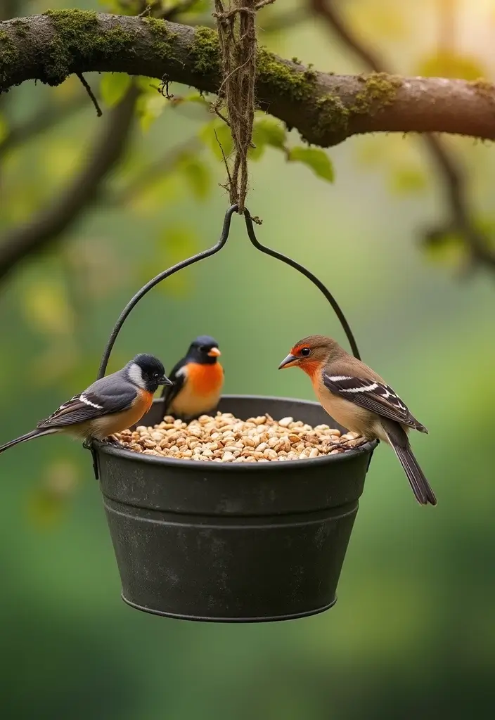 25+ Bucket Planter Ideas That Are Cute and Budget-Friendly - 15. Bucket Bird Feeder