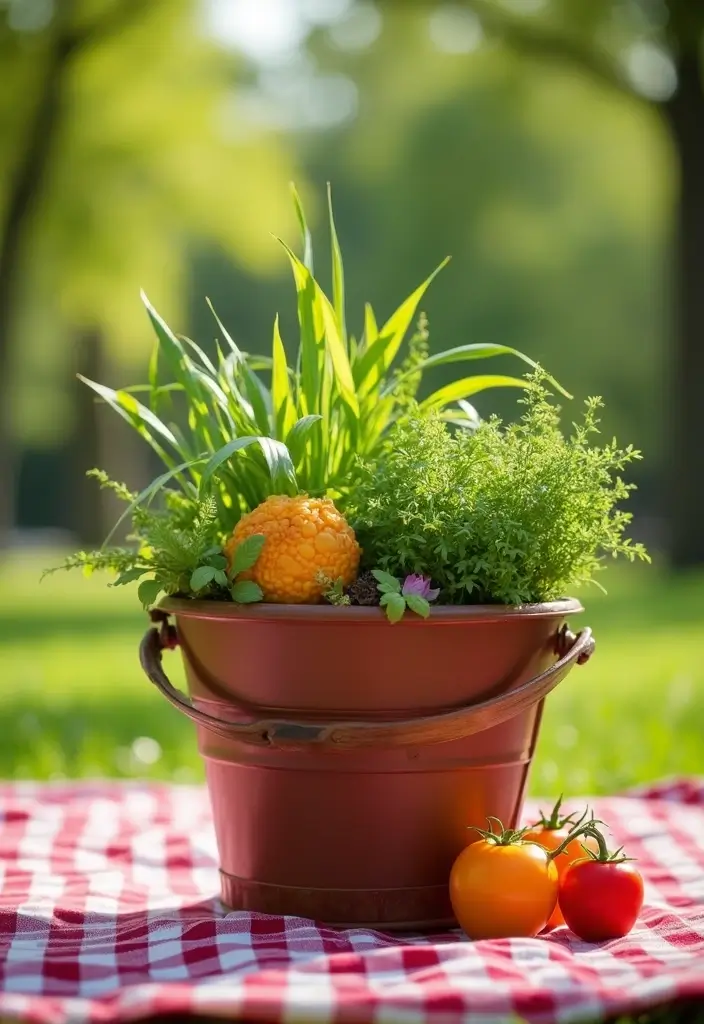 25+ Bucket Planter Ideas That Are Cute and Budget-Friendly - 18. Bucket Picnic Planter