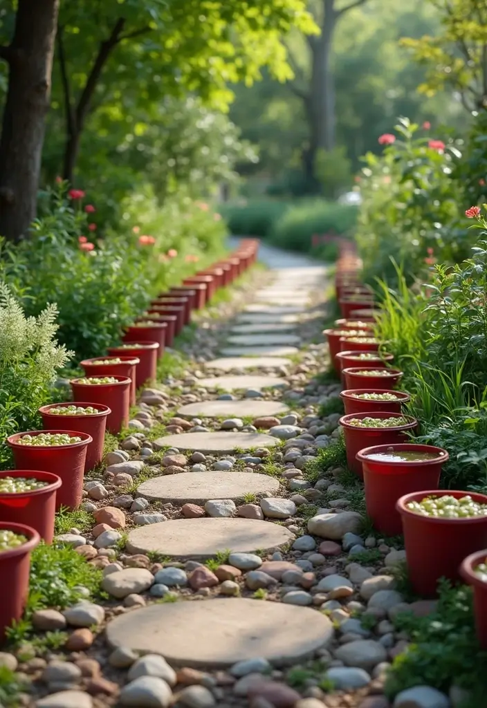 25+ Bucket Planter Ideas That Are Cute and Budget-Friendly - 19. Bucket Paver Pathway