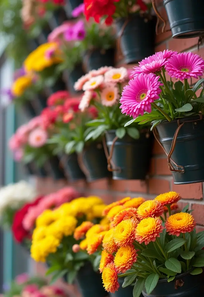 25+ Bucket Planter Ideas That Are Cute and Budget-Friendly - 2. Bucket Flower Wall