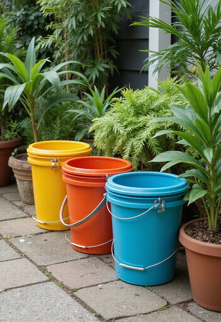 25+ Bucket Planter Ideas That Are Cute and Budget-Friendly - 6. Color-Coded Bucket Planters