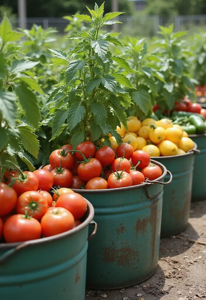 25+ Bucket Planter Ideas That Are Cute and Budget-Friendly - 8. Bucket Vegetable Garden