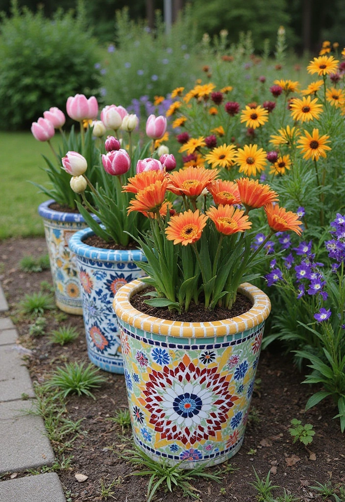 25+ Bulb Planter Ideas for Gorgeous Seasonal Blooms - 15. Mosaic Tile Planters
