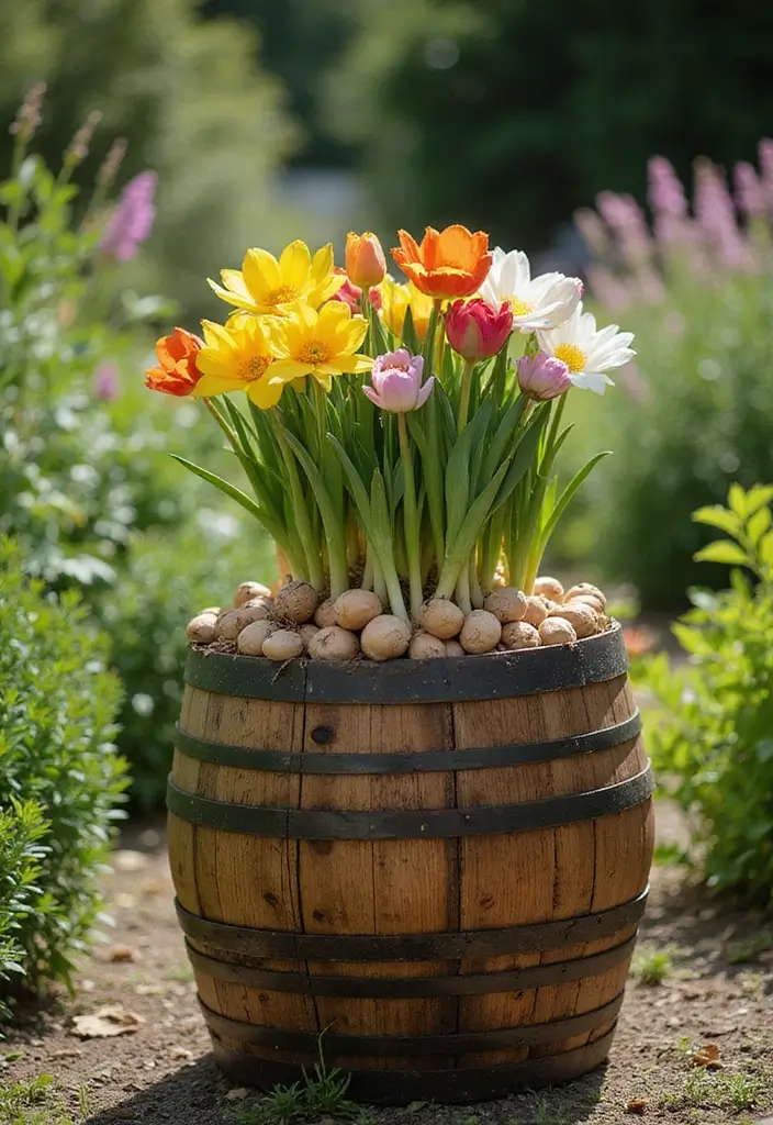 25+ Bulb Planter Ideas for Gorgeous Seasonal Blooms - 20. Wooden Barrels