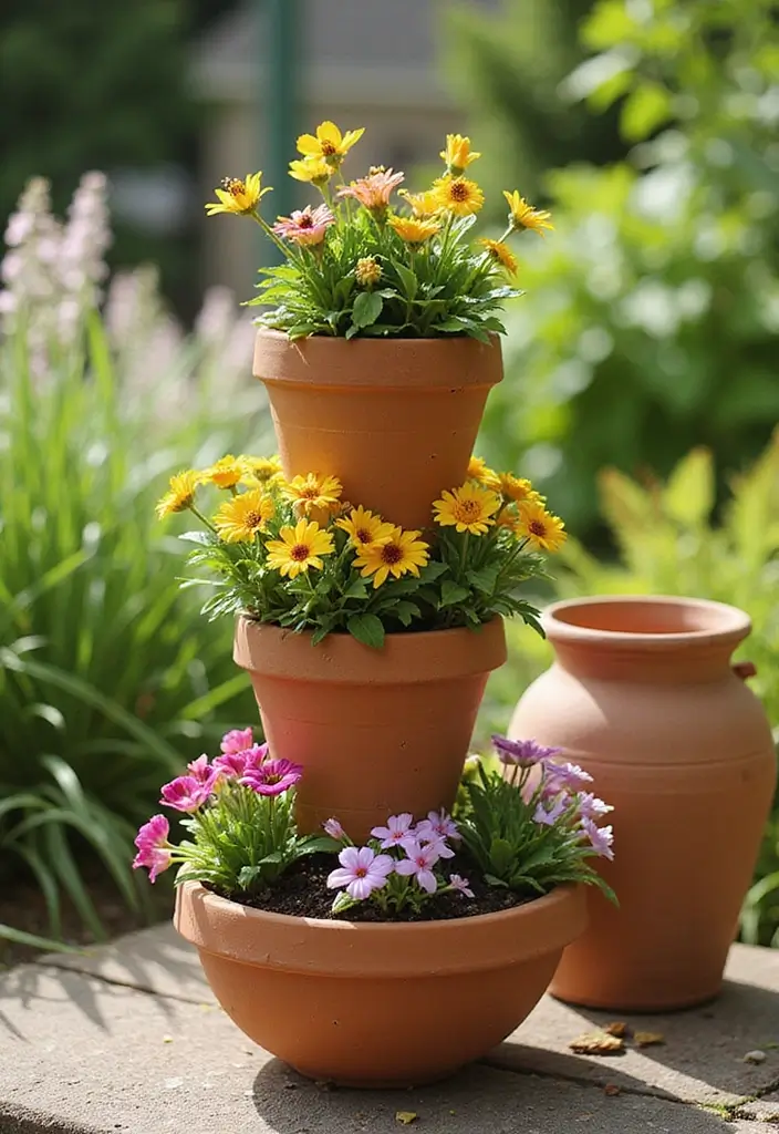 25+ Bulb Planter Ideas for Gorgeous Seasonal Blooms - 24. Clay Pot Towers
