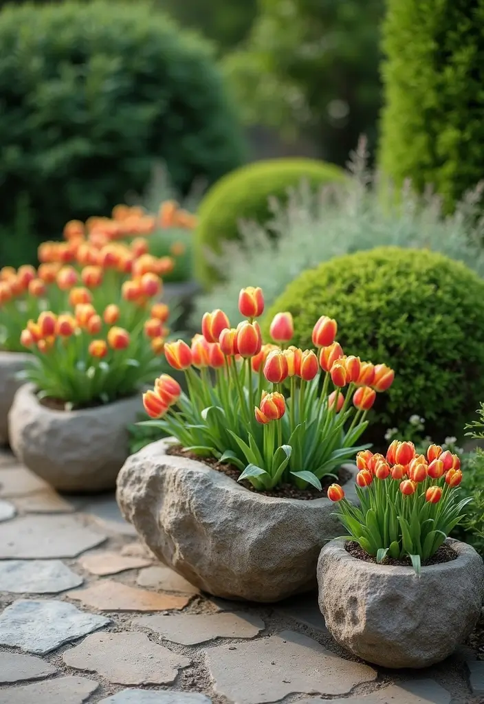 25+ Bulb Planter Ideas for Gorgeous Seasonal Blooms - 8. Natural Stone Planters