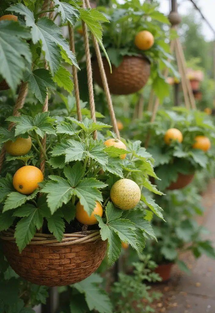 25+ Cantaloupe Trellis Ideas That Keep Fruits Off the Ground 64 25+ Cantaloupe Trellis Ideas That Keep Fruits Off the Ground - 10. Hanging Baskets for Vertical Gardening