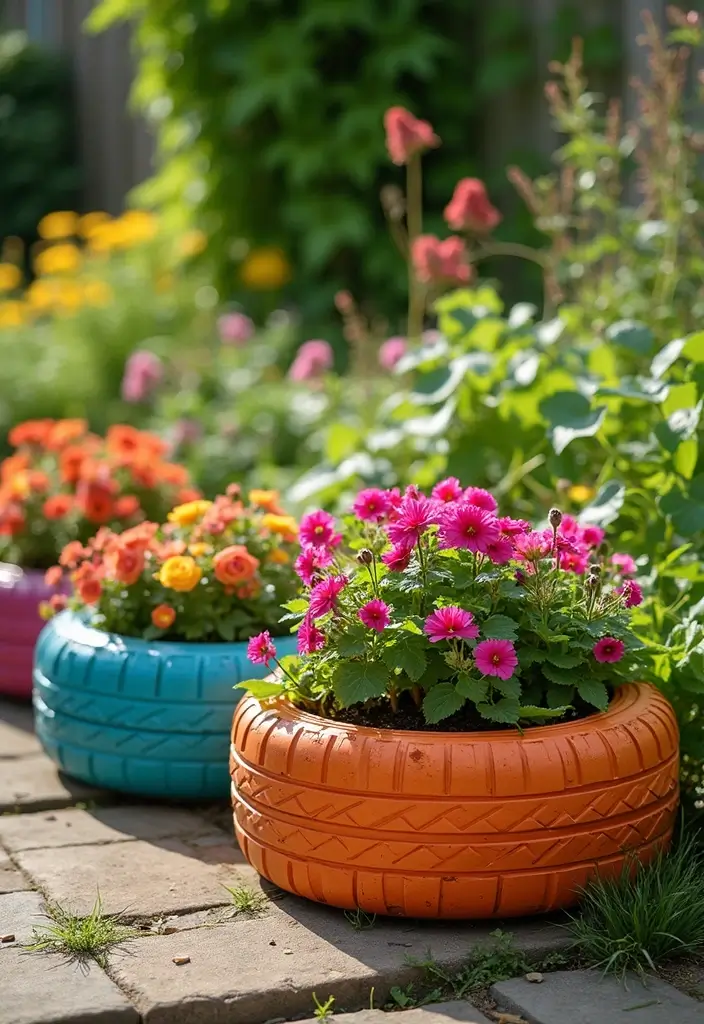 25+ Circle Planter Ideas for Modern Garden Style - 3. Colorful Recycled Tire Planters
