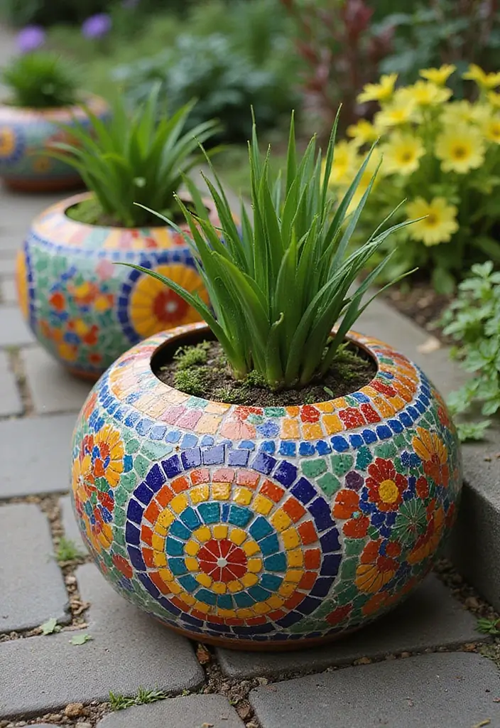 25+ Circle Planter Ideas for Modern Garden Style - 6. Mosaic Circle Planters