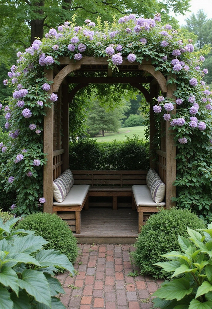 25+ Clematis Trellis Ideas to Show Off Your Blooms - 9. Trellis with Built-in Seating