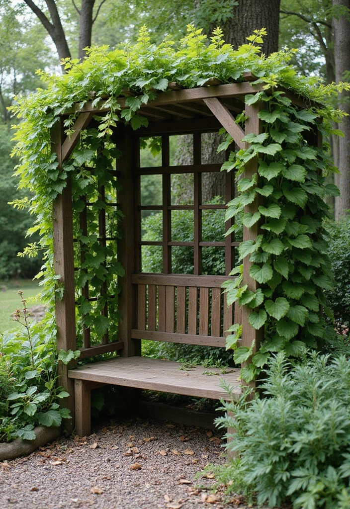 25+ Corner Trellis Ideas to Fill Empty Garden Spaces 111 25+ Corner Trellis Ideas to Fill Empty Garden Spaces - 17. Trellis with Built-in Benches